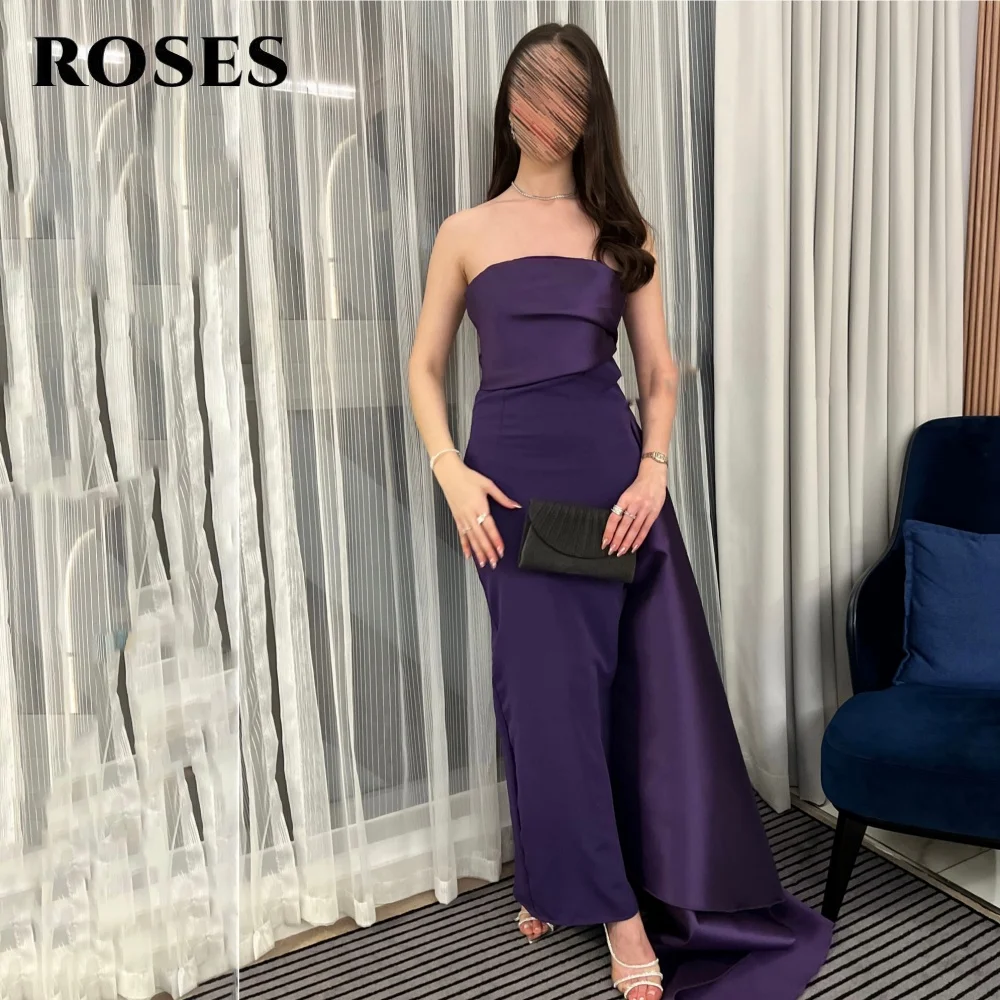 

ROSES Simple Purple Trumpet Prom Dress Strapless Gala Dress Sleeveless Pleats Satin Saudi Arabic Evening Party Gown Customized