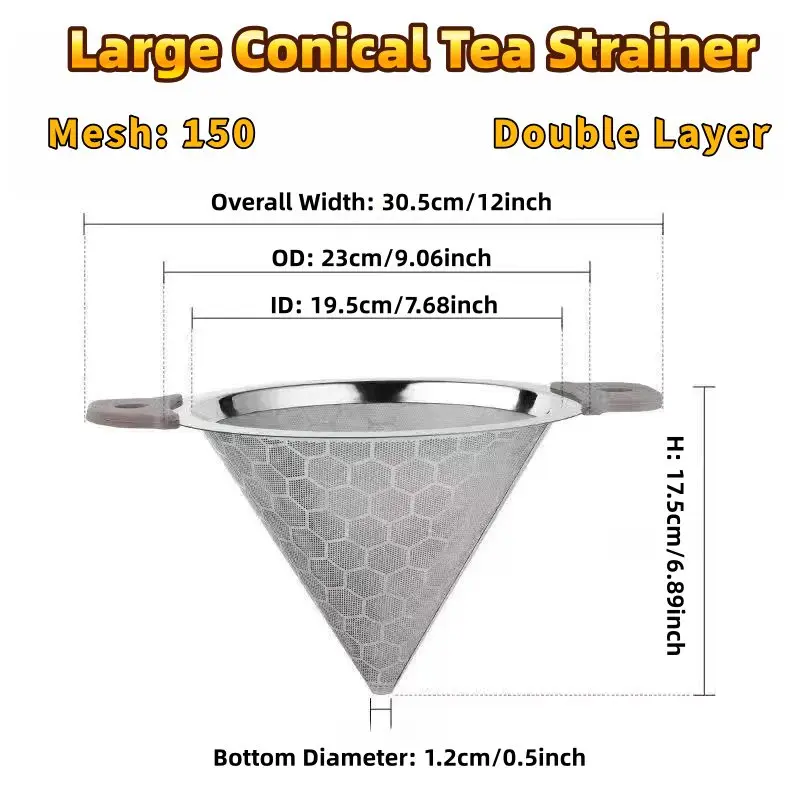 Stainless Steel Conical Large Tea Strainer Double Layer Mesh Tea Infuser Fine Filtration Kitchen Teaware Tool