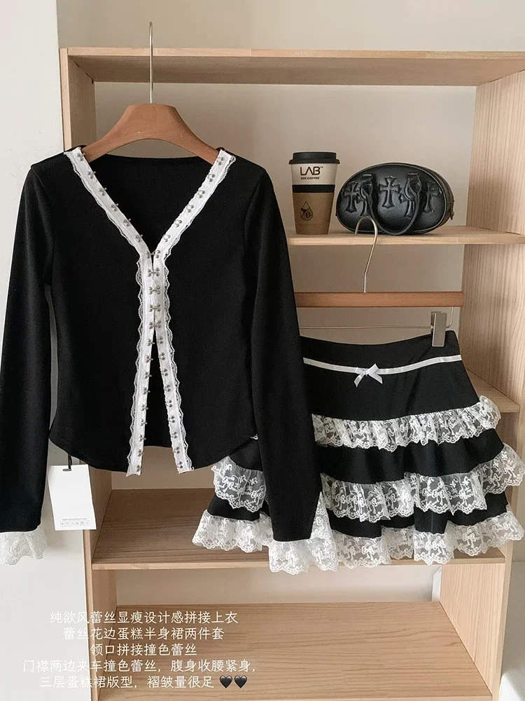 Fall Winter Women Birthday Rave Ballet Core Shoujo Girl 2000s Kpop Outfits 2 Piece Set Long Sleeve Cardigan Tops + Mini Skirts