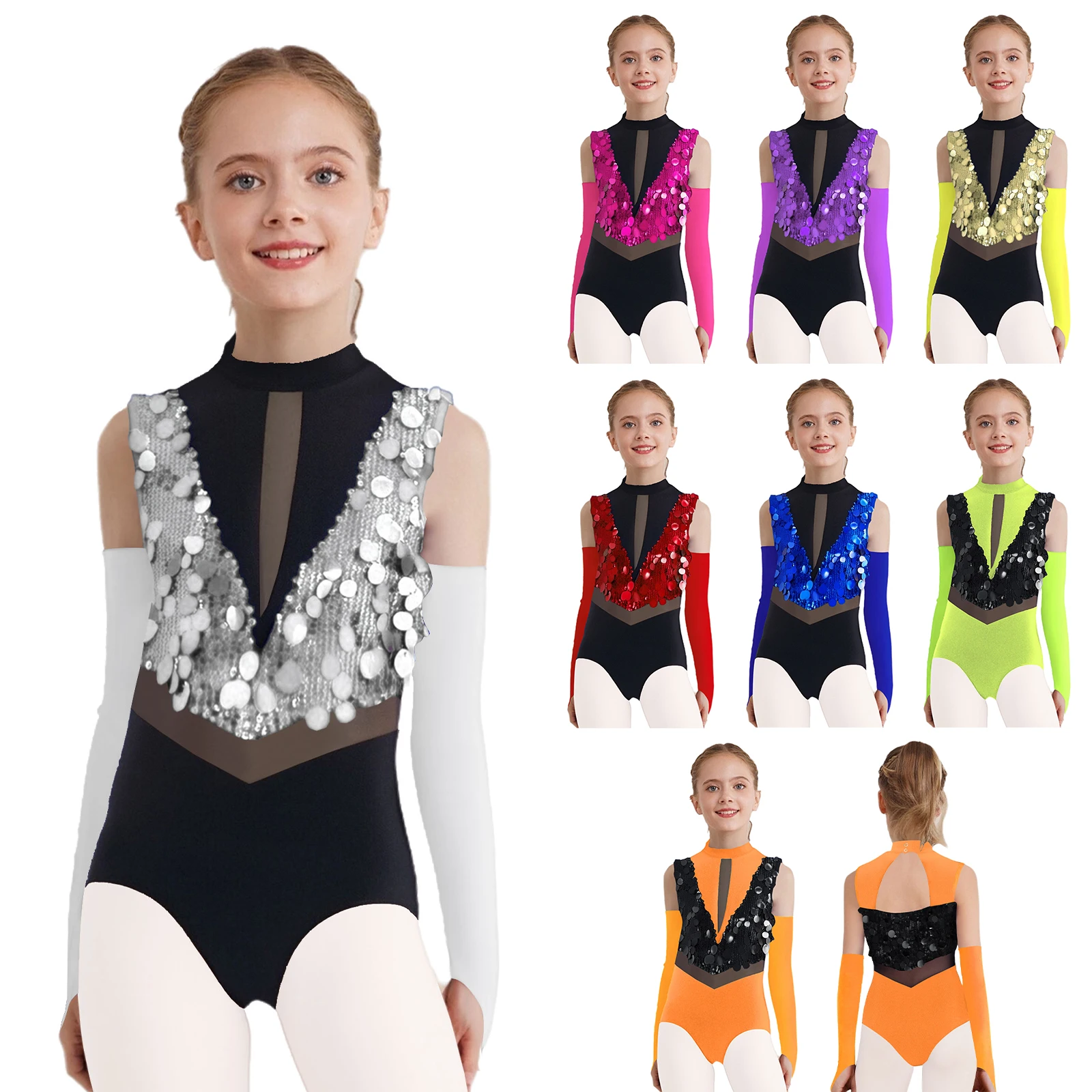 الفتيات تألق الترتر الجاز اللاتينية ملابس رقص الجمباز ملابس السباحة الجمباز أداء الزي أكمام يوتار قفازات Dancewear مجموعات #5