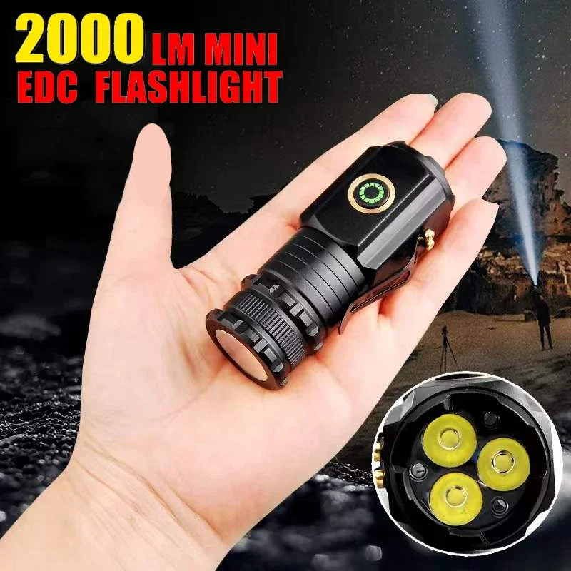 Mini linterna LED de 3 LED con imán de aluminio, linternas Edc de 2000lm, linterna táctica con carga Usb, linterna de autodefensa para acampar