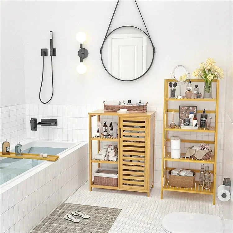 Floor Freestanding Bamboo Bathroom Storage Cabinet With Shutter Door And Shelves For Home