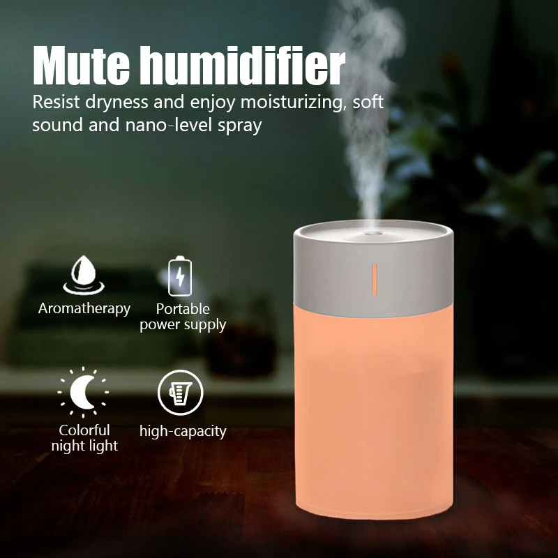 Humidificador de aire portátil de 260ml, minidifusor de aceite aromático, pulverizador de niebla fría USB con luz nocturna suave colorida para el