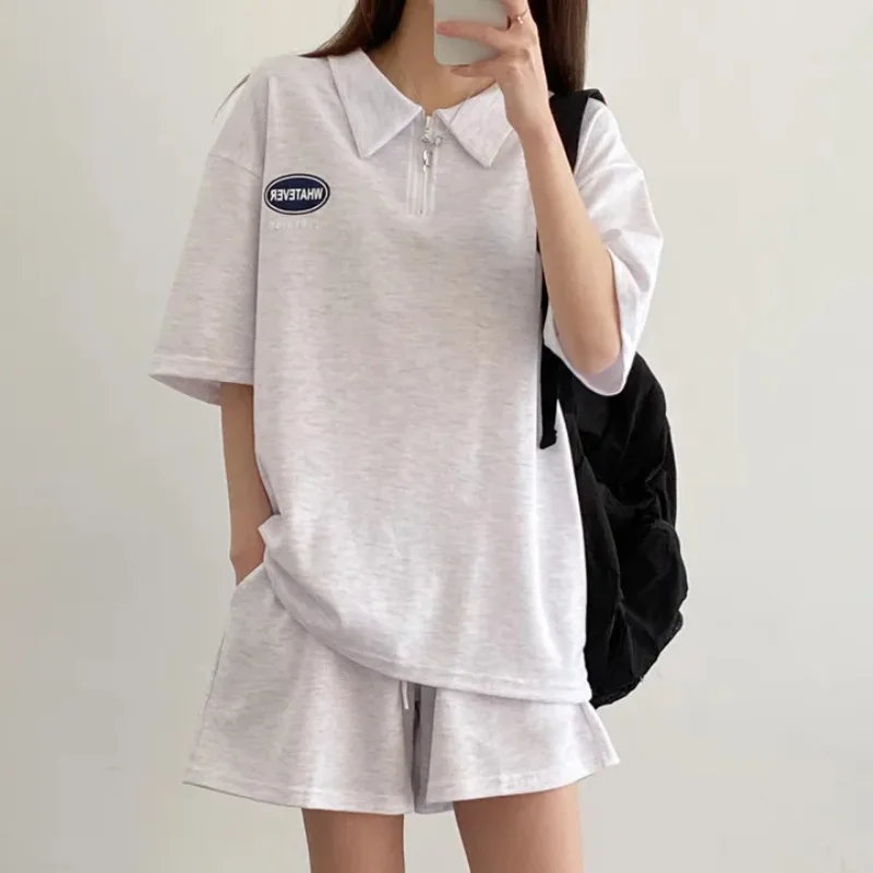 Summer Women Oversize Outfits Short Sleeve Polo Neck Shirt Two Piece Shorts Set Loose Tees Tops 2pcs Sportswear Casual Tracksuit