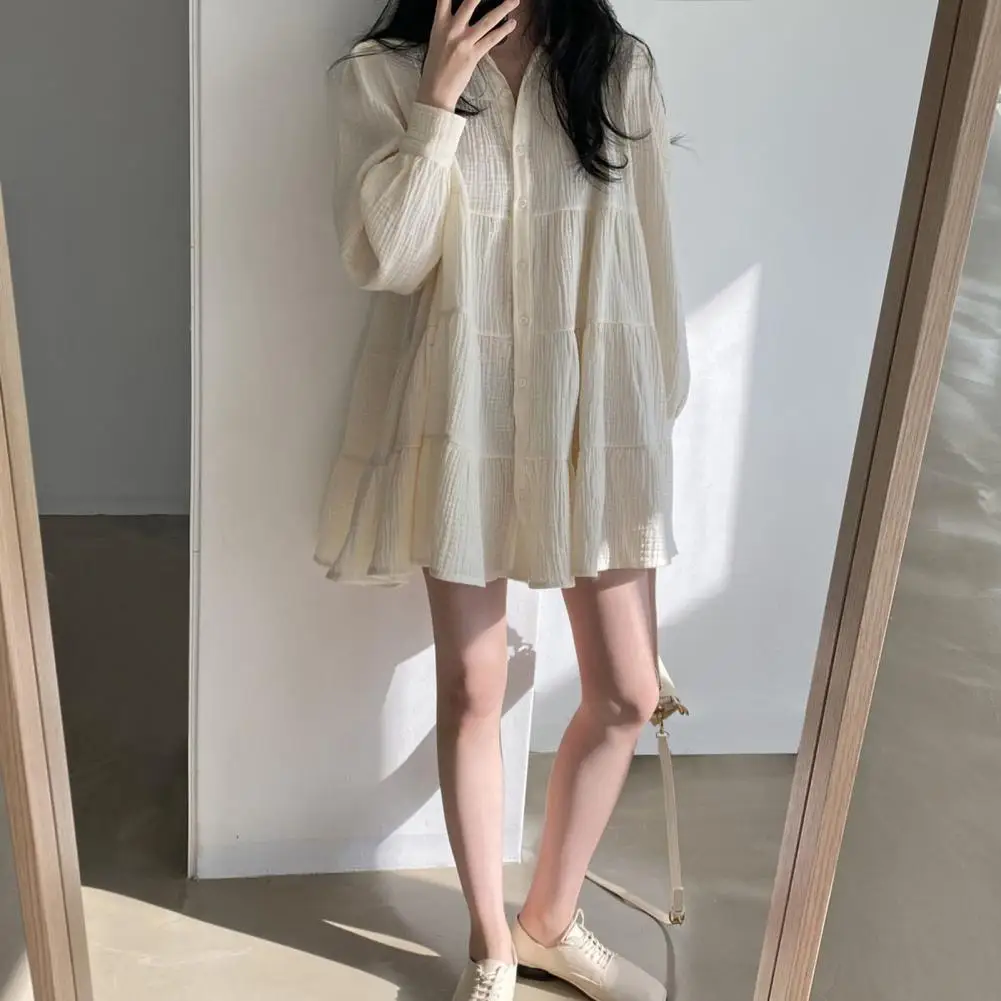 

Lightweight Fabric Dress Elegant Ruffle Patchwork A-line Dress with Turn-down Collar Puff Sleeves Women's Fall Spring