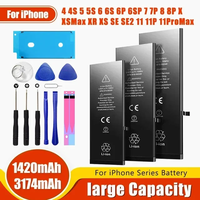 Bateria o dużej pojemności do iPhone 4 4S 5 5S 5C SE 2020 6 6S 7 8 SE2 Plus X XR XS 11 Pro Max Pakiet telefonu komórkowego Nowy 0 Cycle Seal