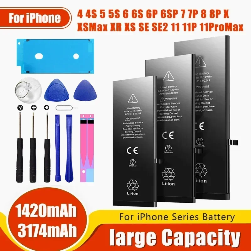 Batería de alta capacidad para iPhone 4 4S 5 5S 5C SE 2020 6 6S 7 8 SE2 Plus X XR XS 11 Pro Max, nueva, 0 ciclos, sellada