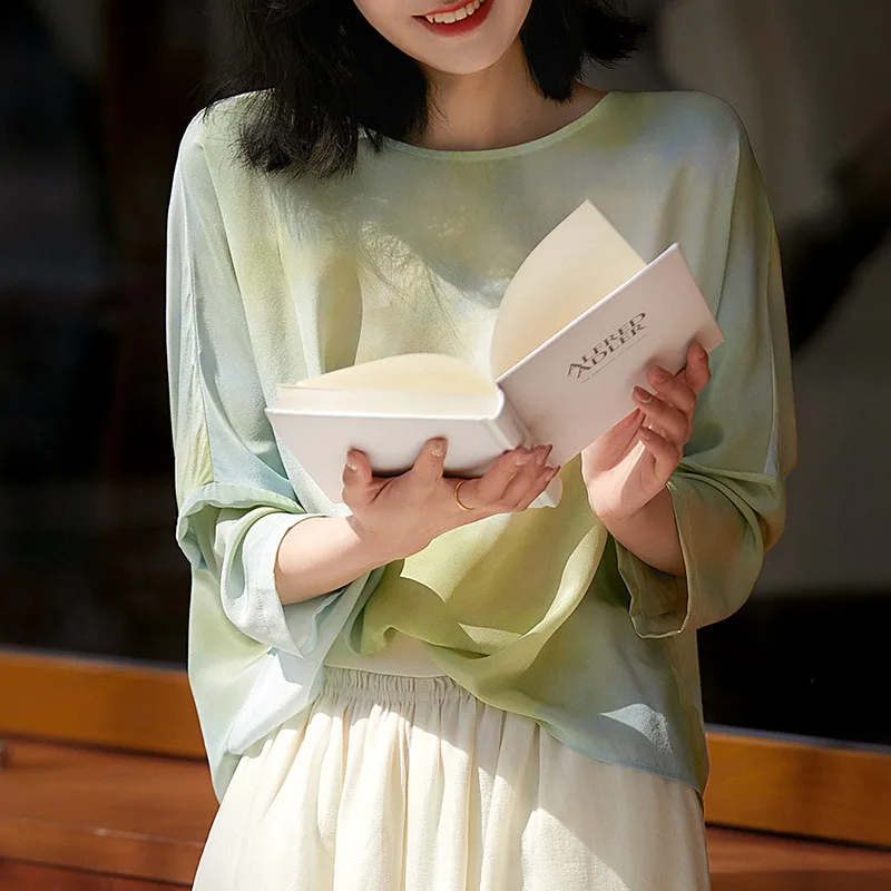 Camicia in crêpe de Chine di seta fiorita con inchiostro T-shirt girocollo stampata Top Hangzhou Purpleflower Holly Leaf Estate da donna