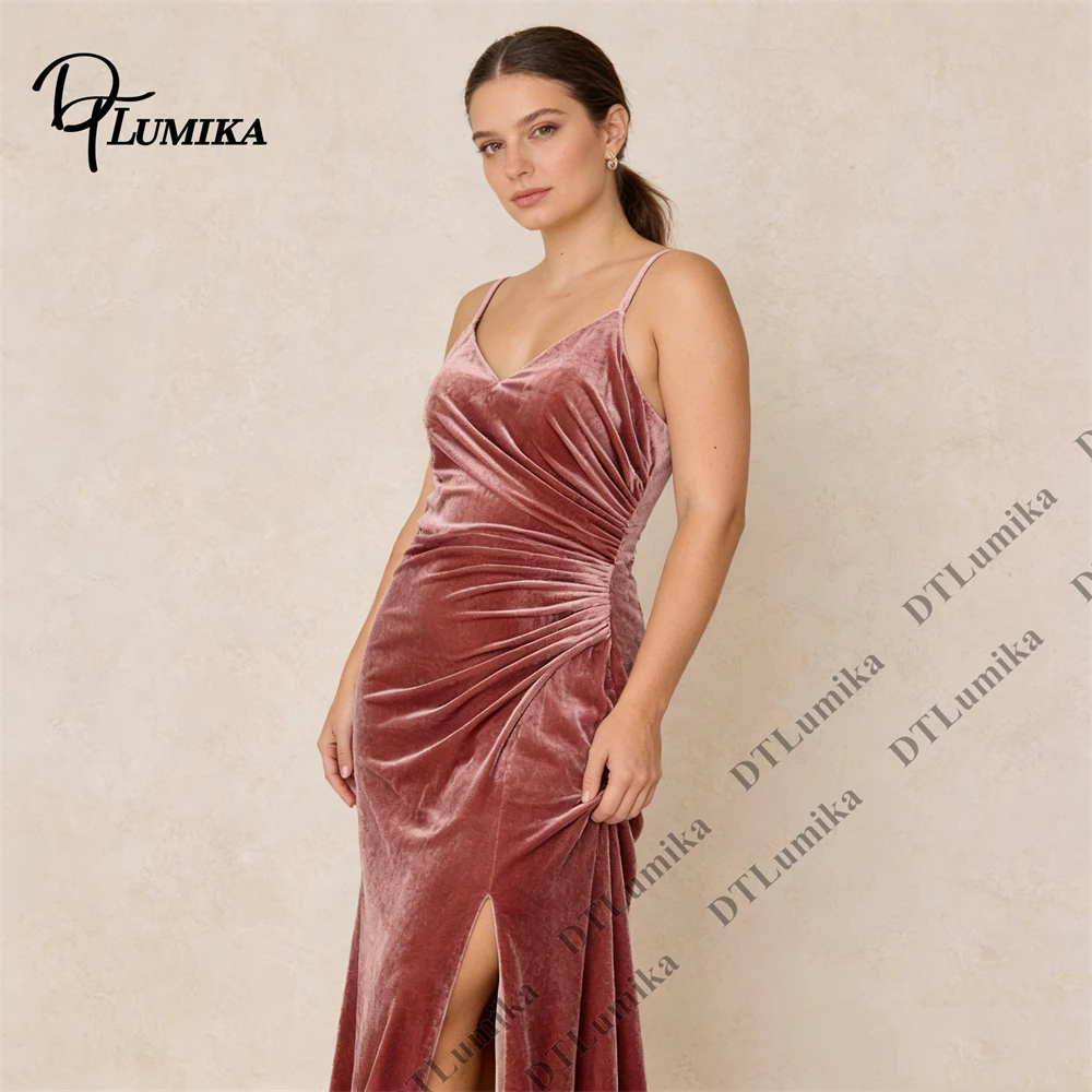 Robe longue de soirée DTLumika pour femme, idéale pour mariage, anniversaire, réunion de week-end, soirée caritative, rendez-vous galant, en velours à fines bretelles