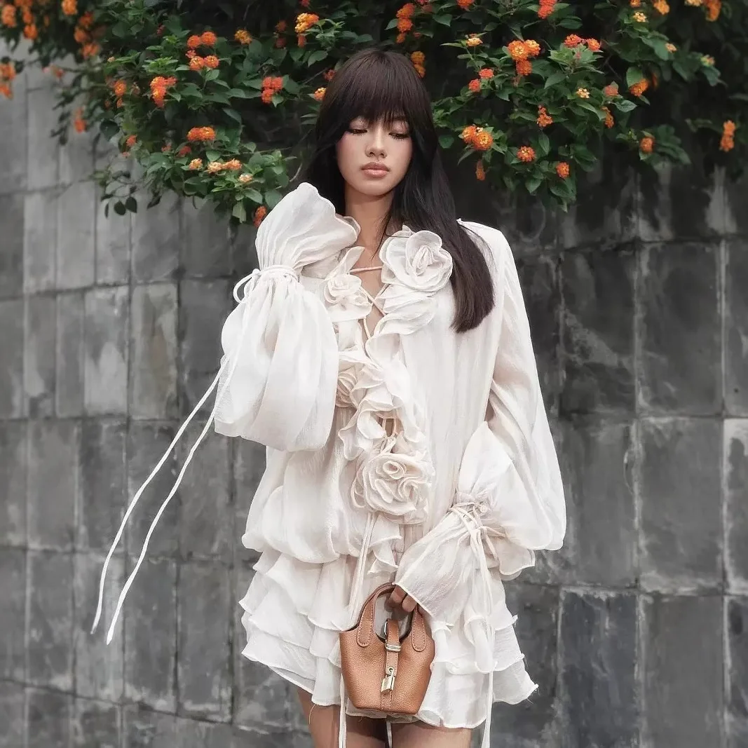 

Новая модная женская юбка 2026 года: высококачественная, удобная, с объемными цветочными бретелями, рукавами-фонариками и оборками, в стиле феи