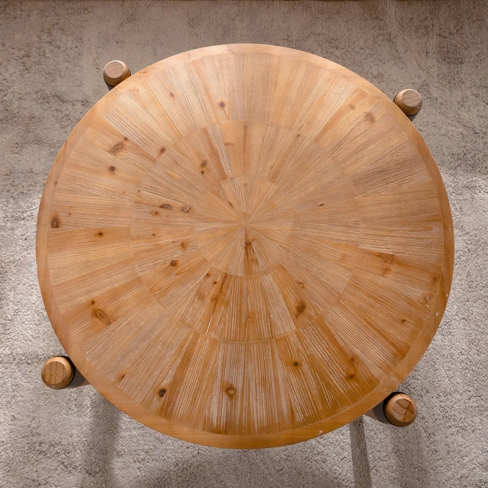 Round Radial Grain Coffee Table Solid Wood & MDF Rustic Coffee Table with Black Accent Legs, Natural Wood Finish for Living Room