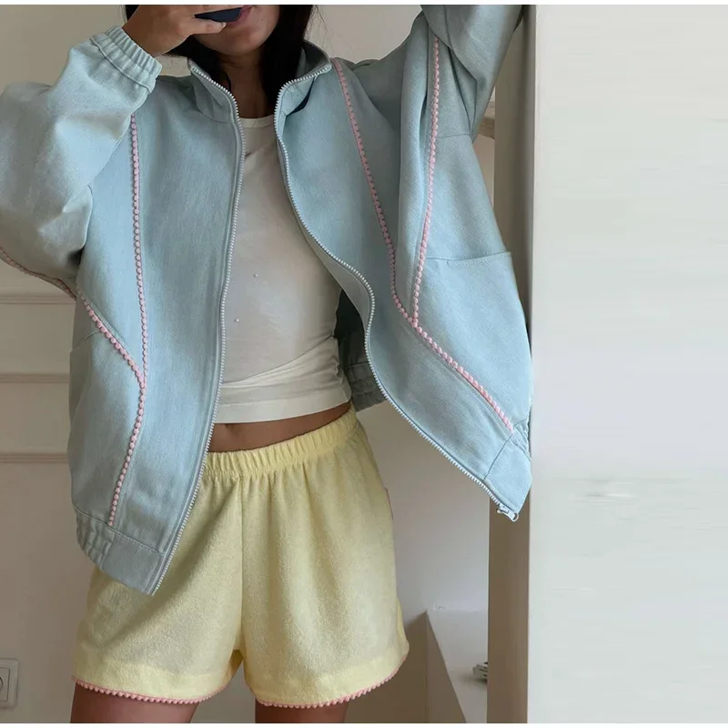 Y2K Damenjacken Mantel mit Streifenbesatz Stehkragen Reißverschluss Oversize Windbreaker Locker Sitzende Streetwear Sportjacke Oberbekleidung Outfit – Detail 13