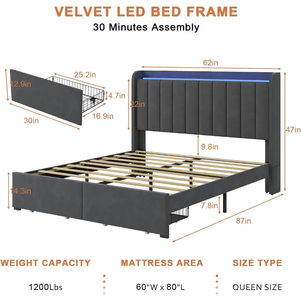 bedstead.Queen Size Bed Frame with Storage Headboard, Upholstered Platform Bed Frame with LED Lights, Drawers, Charging Station