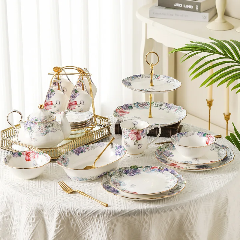 European afternoon tea set, ceramic cup and plate set, household floral tea cup and dessert plate