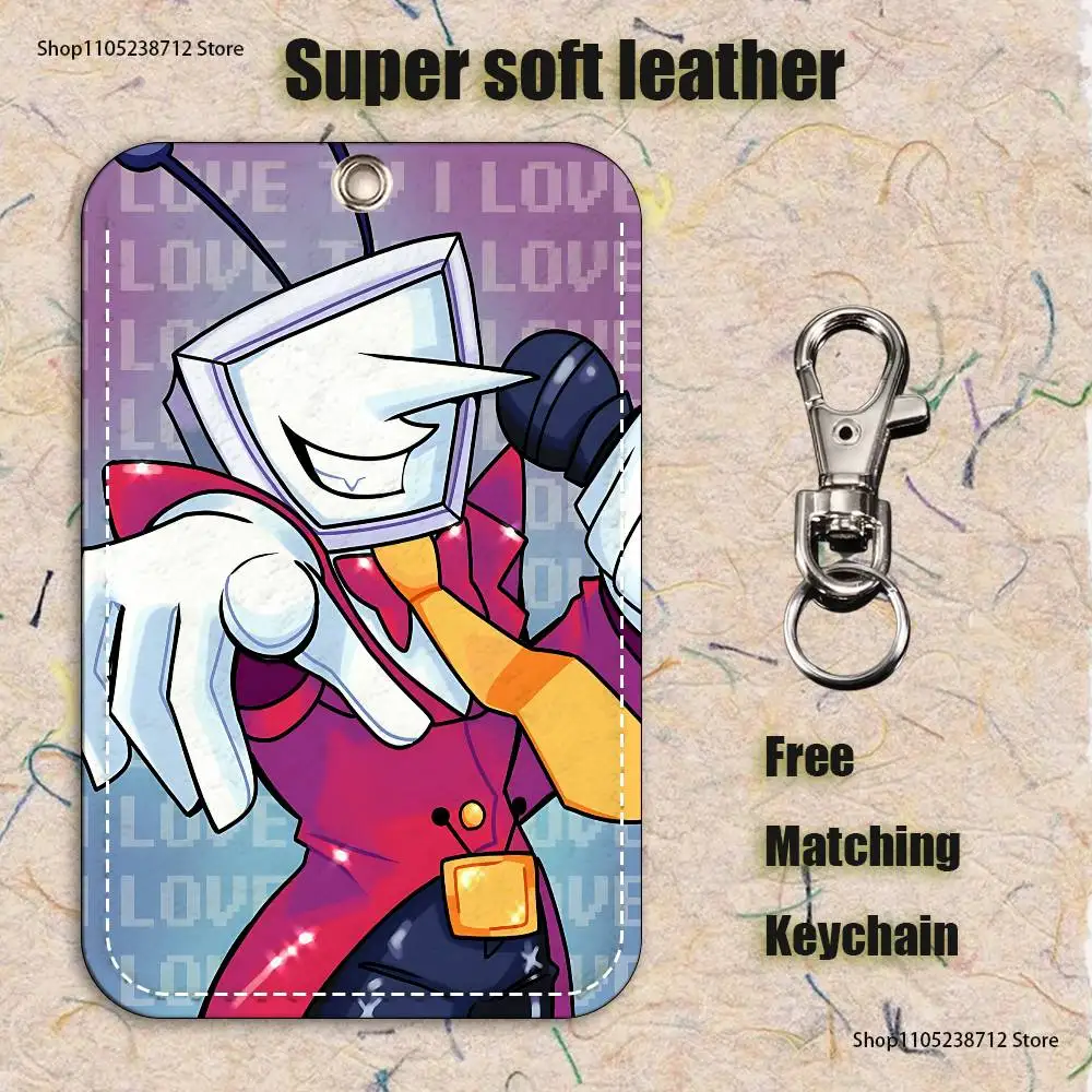Cartoon Game D-Deltarunes T-Tenna Pattern Leather Card Holder Keychain Key Ring Door Lock Access Tags ID Card Case Keychain Card