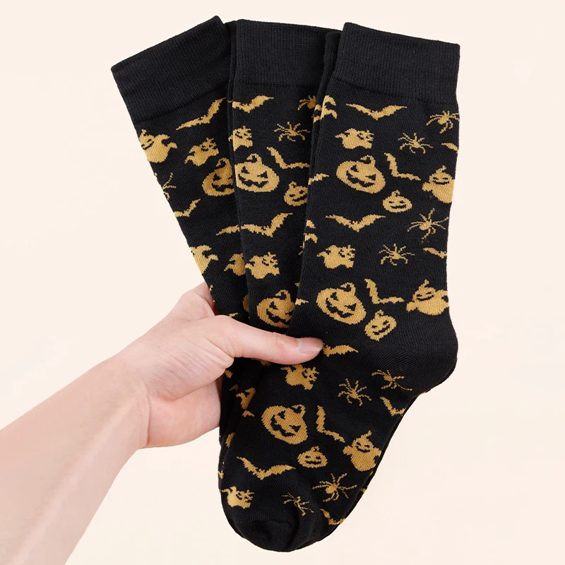 3 Pairs Of Four Season Unisex Trendy And Quirky Halloween Series Patterns, Versatile And Comfortable, Casual Black Stockings