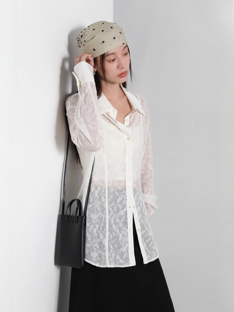 شيك فين قميص نسائي فضفاض غير رسمي على الوجهين دانتيل جاكار تصميم بلوزات بأكمام طويلة للمرأة ربيع الخريف 2025 الملابس