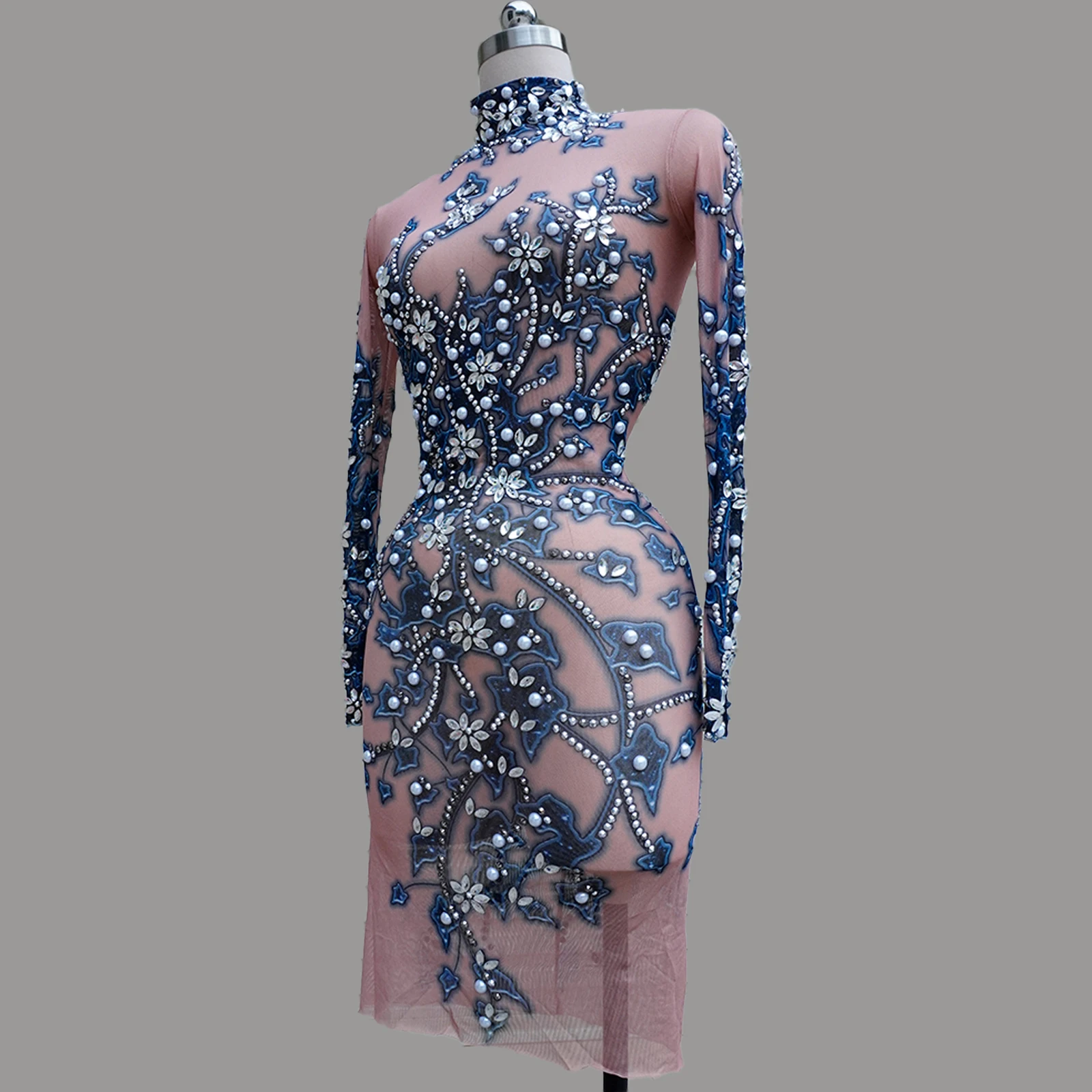 Vestido de manga larga con diamantes de imitación de cristal para mujer, trajes sexys de malla para cantante, trajes de escenario para fiesta de noche, festival de cumpleaños, disfraces de drag queen