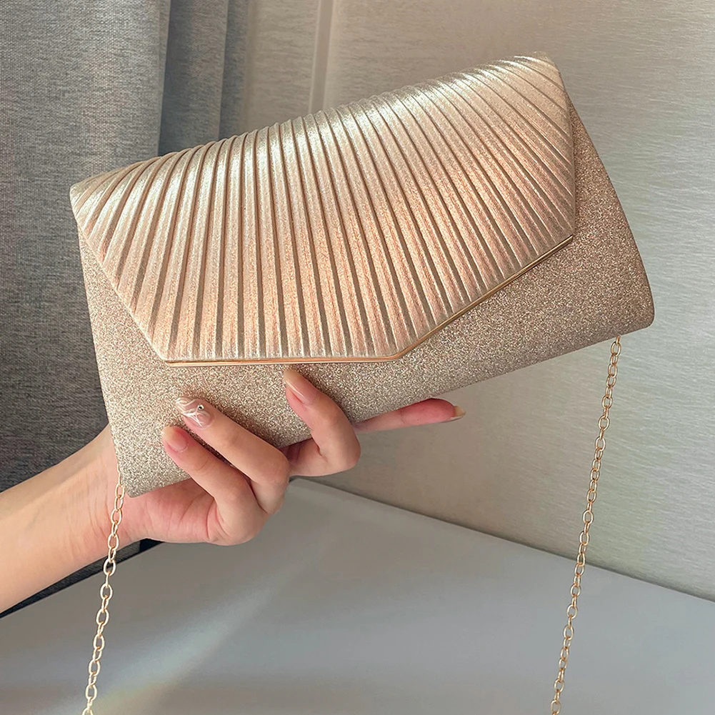 Glitter Envelope Handbag Women Shiny Gold Folded Long Purse Female Fashion Chain Day Clutch Bridal Wedding Party Evening Bag