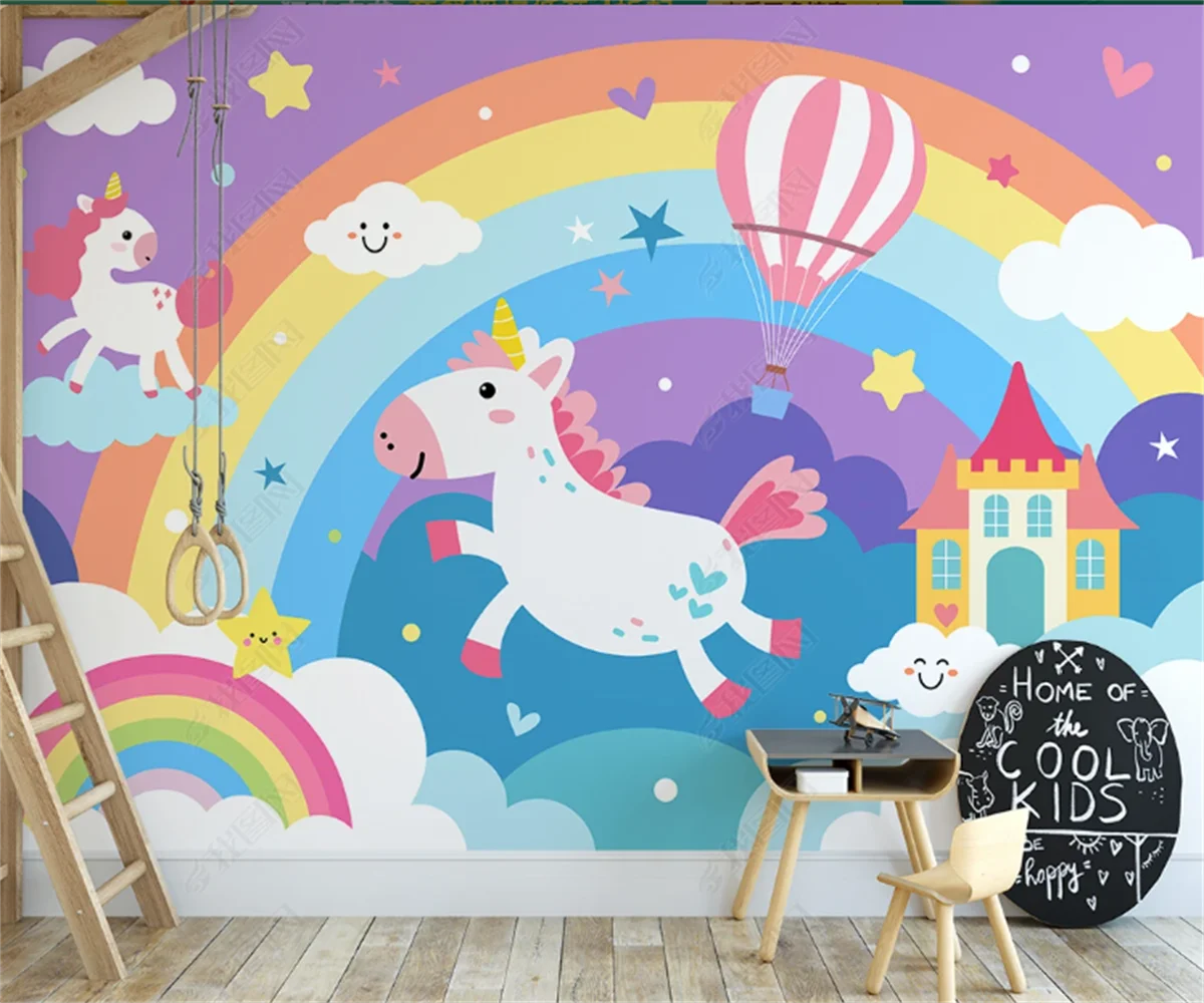 beibehang Customized modern Nordic i-painted rainbow unicorn cartoon castle starry sky children's room background wallpaper