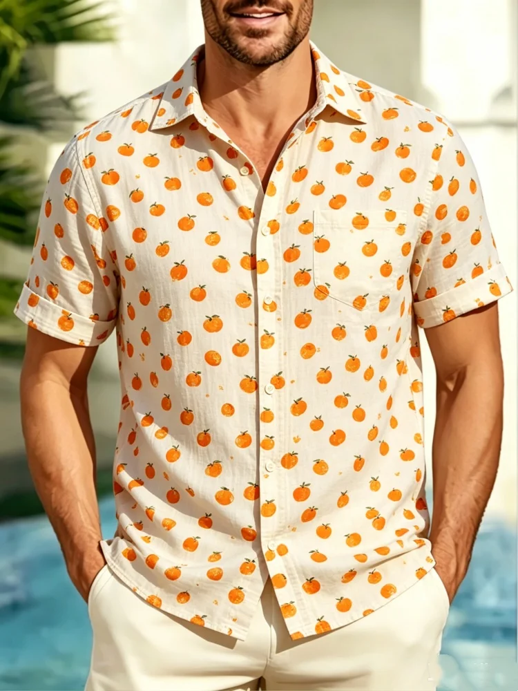 

Men's Orange Fruit Print Short Sleeve Shirt, Loose Comfort Casual Button-Down with Left Chest Pocket, Breathable Summer Blouse
