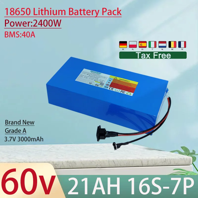 60V 21Ah 18650 16S7P Lithium Ion Battery Pack 2400W Power Tool Batteries Outdoor Backup Batteries With 40A BMS+67.2V 5A charger