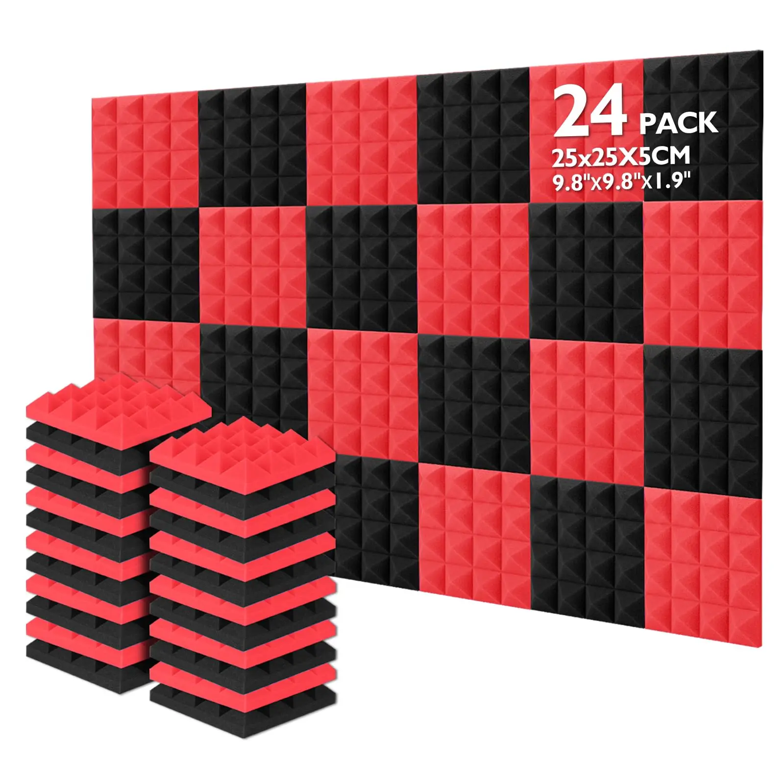 24Pcs 25x25x5cm Acoustic Soundproof Foam Noise Insulation Sound Absorption Treatment Panels Recording Studio Black and Red