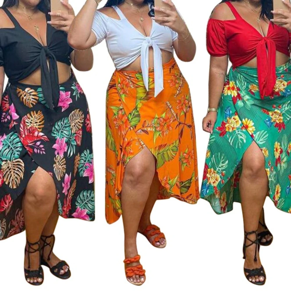 

New Digital Printed Casual Suit Split Skirt Women's Large Size Two Piece Set Sehe Fashion