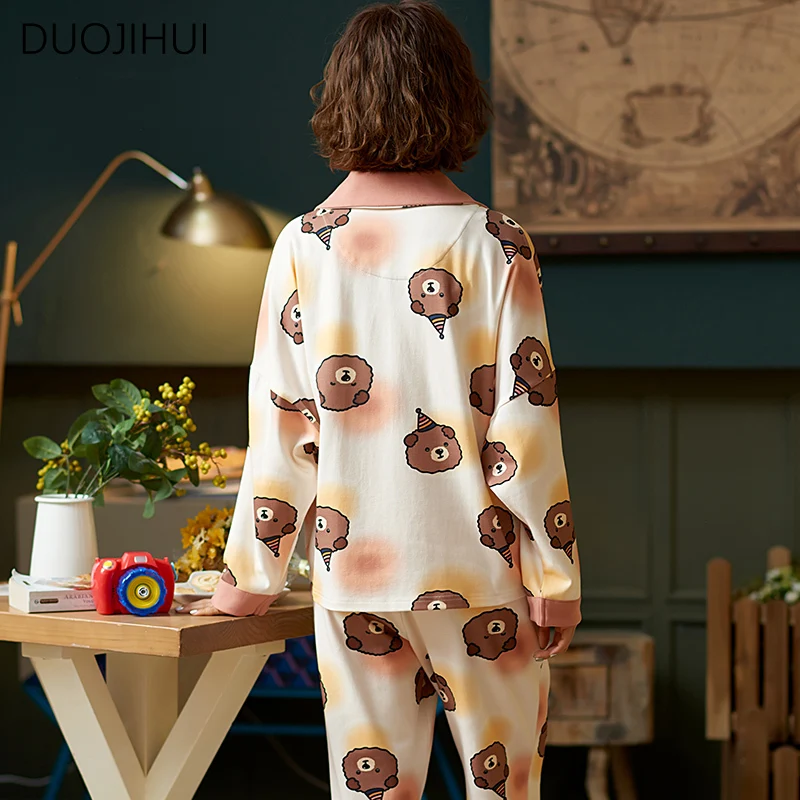 DUOJIHUI-ropa de dormir de dos piezas para mujer, cárdigan de cuello a la moda, pantalón sencillo y holgado, pijama informal para el hogar, novedad de otoño