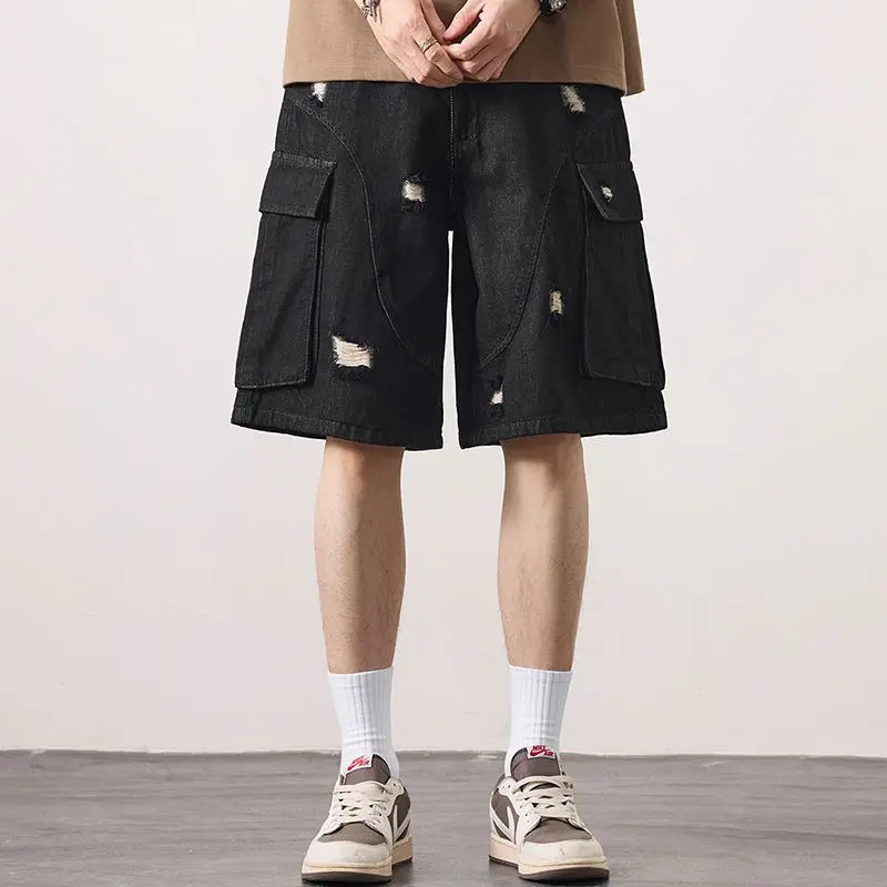 KSTUN 2025 힙합 데님 반바지 남성 와이드 레그 여름 반바지 루즈핏 디스트레스드 스트릿웨어 큰 포켓 리오셀 남성 의류