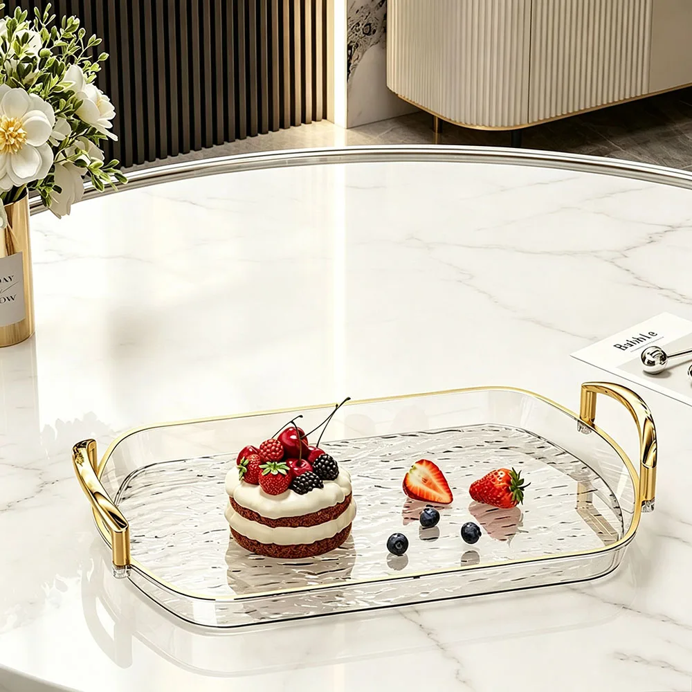 Gold‑Handle Water‑Ripple Acrylic Serving Tray, Luxury Rectangular Cosmetic Storage Tray, Elegant Coffee Table Home Decor Gift