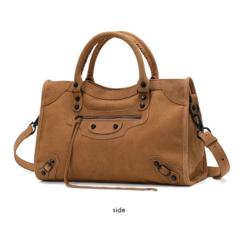 Aidrani Echtes Leder Amerikanische Retro-Wildleder-Handtasche für Damen, Große Motorradtasche, Hochwertige Pendler-Handtasche – Detail 9