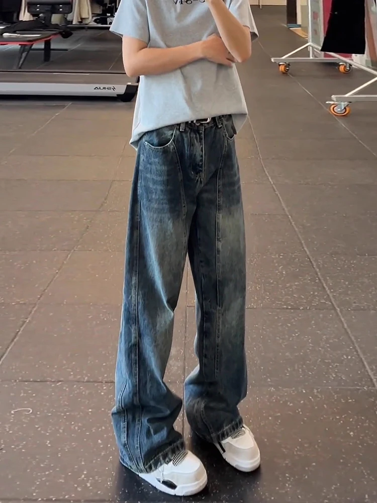Cleanfit Vintage Blue Knife  Men's Jeans American Splicing Loose Wide Leg Micro Flare Straight Leg Long Pants