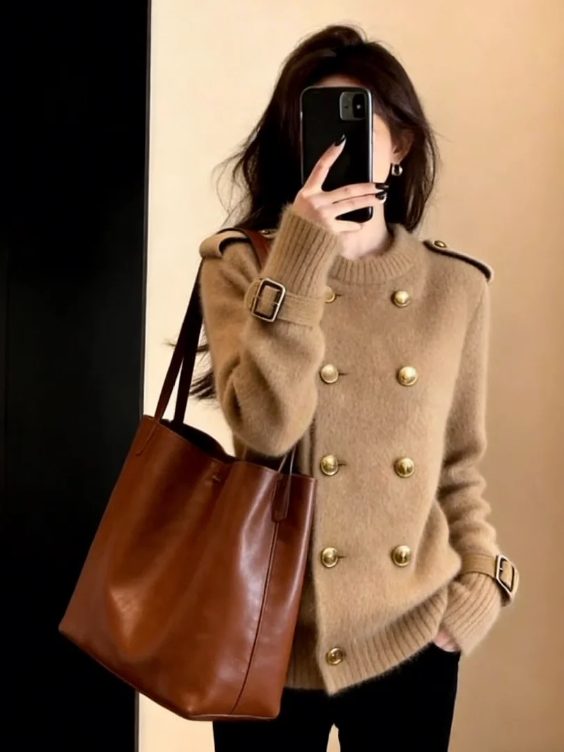 

Потрясающий уникальный корейский вязаный свитер: шикарный коричневый зимний модный топ премиум-класса, роскошный кофейный топ для женщин