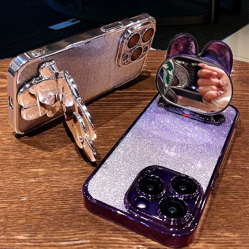 Luxury Glitter Plating Rabbit Holder Mirror Case for Redmi A3 13C 12 10 C R Note 13 Pro Plus 4G 5G  Shockproof Cover