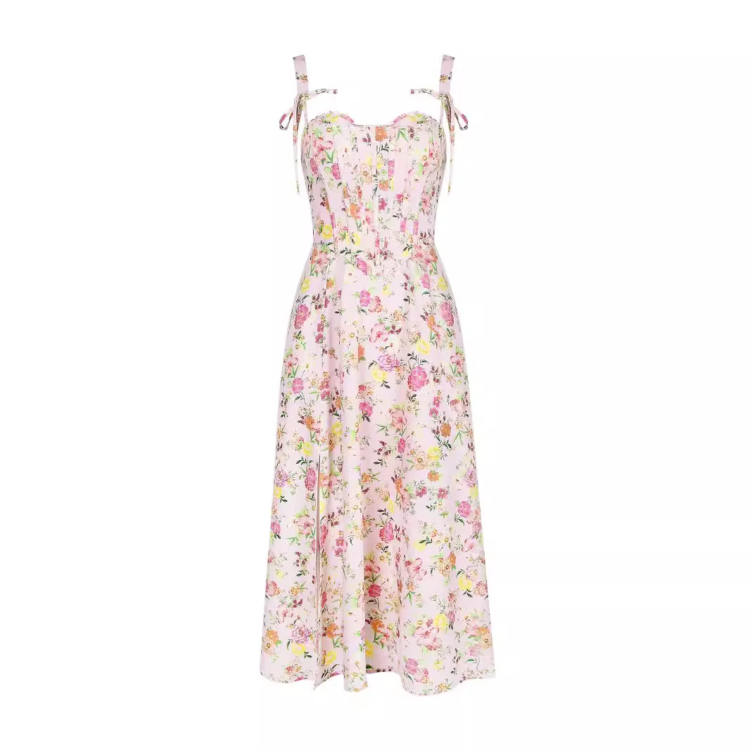 New Floral Print Suspenders Women Summer Fishbone Slit Mid-length Skirt Two-piece Printed Dress Women's Clothing