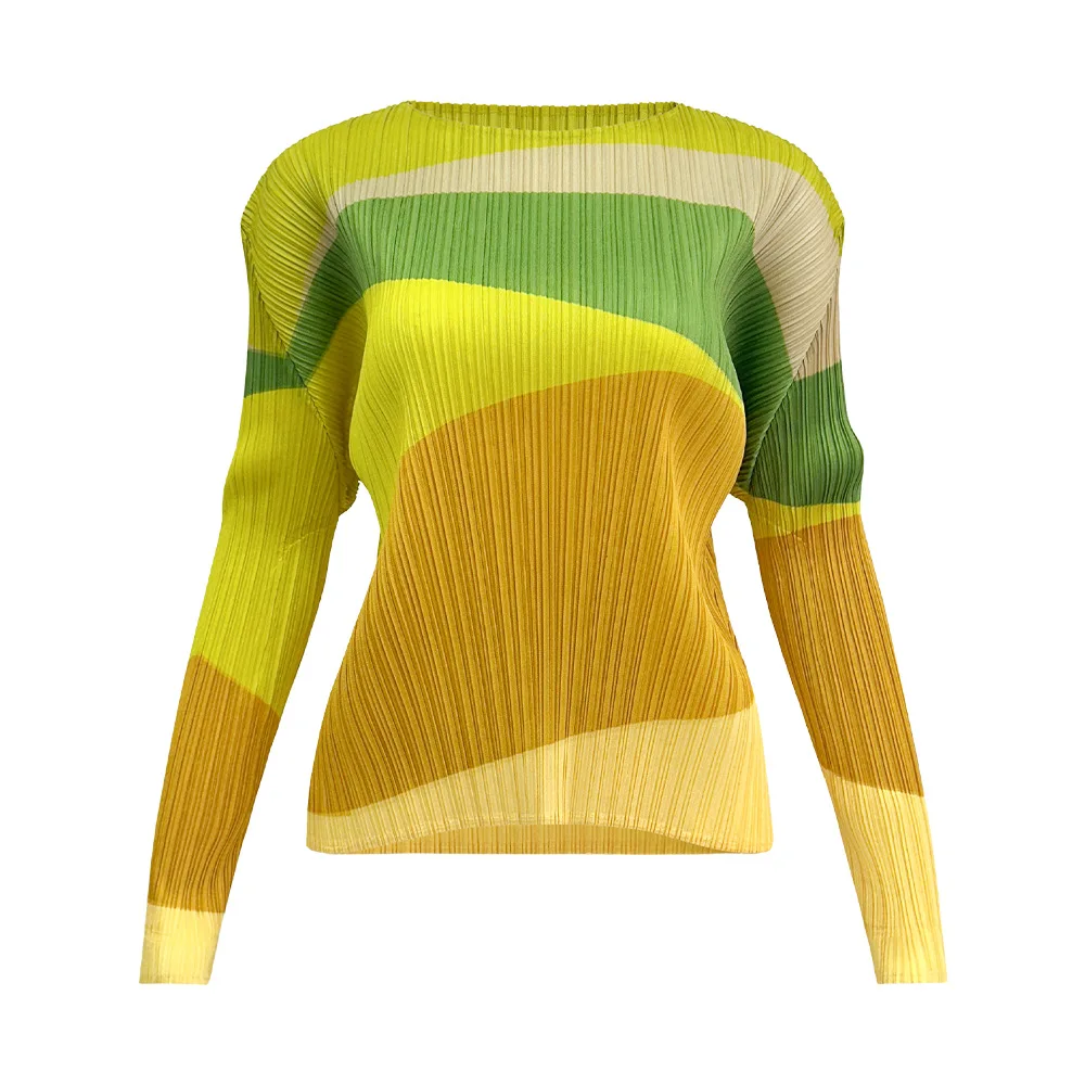 Fold Miyake Pleated Knit Top Women Long Sleeve Rainbow Stripe Round Neck 2026 Spring Fall Vivid Stunning Trendy Everyday Piece
