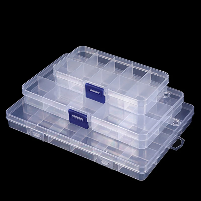 Caja de plástico con compartimentos para joyería, contenedor de almacenamiento de cuentas, organizador de bricolaje, caja de piezas de herramientas, 10/15/24 rejillas