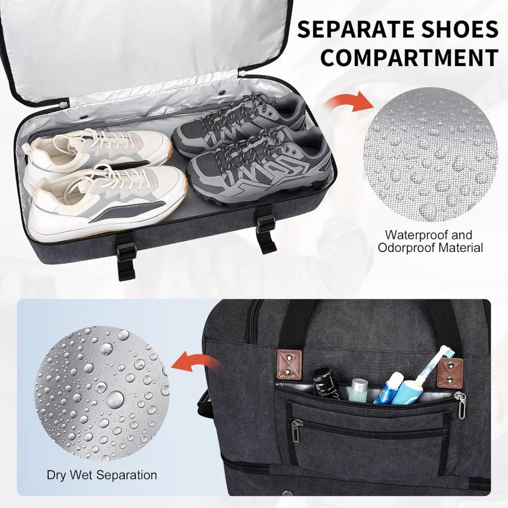 حقيبة قماشية لعطلة نهاية الأسبوع للرجال - حقيبة حمل للسفر بين عشية وضحاها مع حجرة للأحذية، باللون الأسود #4