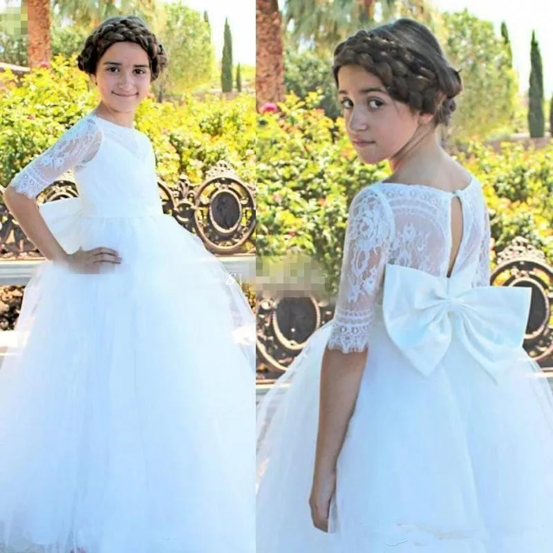 Simple White Soft Lace Tulle Flower Girls Dresses For Wedding Modest Illusion Half Sleeves Bow Sash Floor Length First Communion