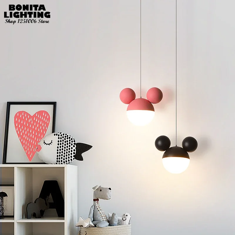 Creative Children's Room Bedside Entry Cartoon Mouse Head Small Droplight Modern Ins Macaron Round Ball Small Pendant Lamp