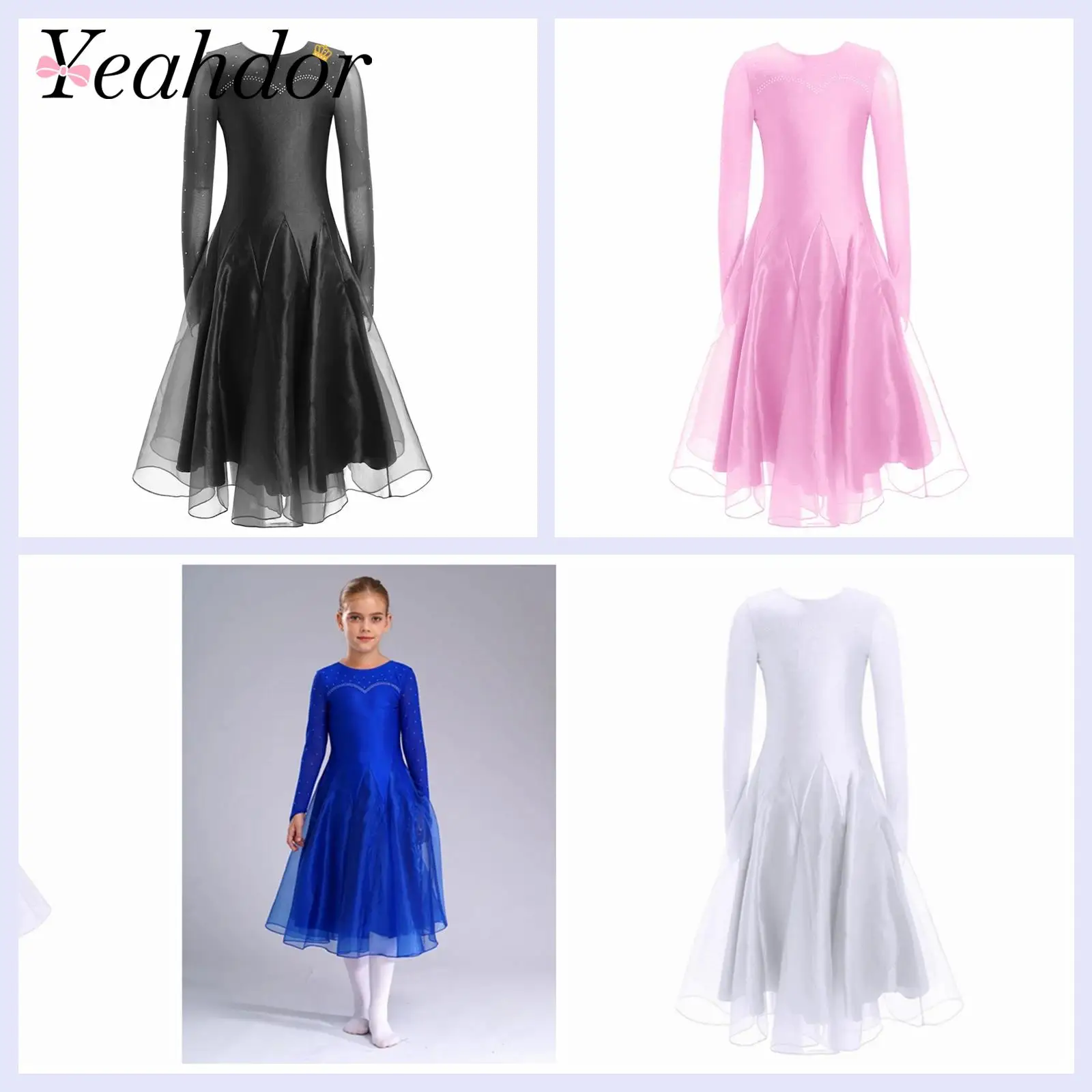 

Elegant Rhinestone Ballet Dress for Girls Kids Dancing Sheer Mesh Latin Dance Ballroom Dress Tango Dancewear Party Dresses