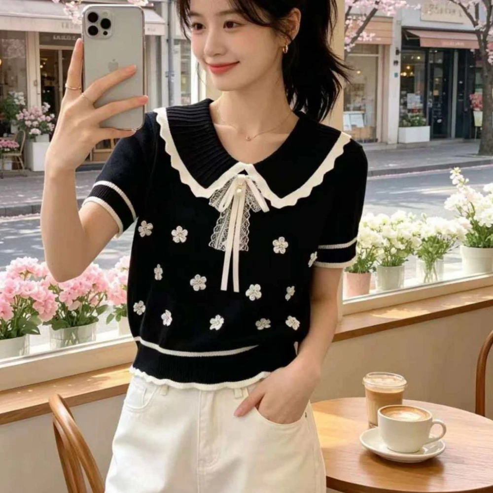 Summer Knit T-shirt Pullover Sweet 3D Flowers Peter Pan Collar Bow Knitwear Short Sleeves Design Top Shirt Tees Black White Pink