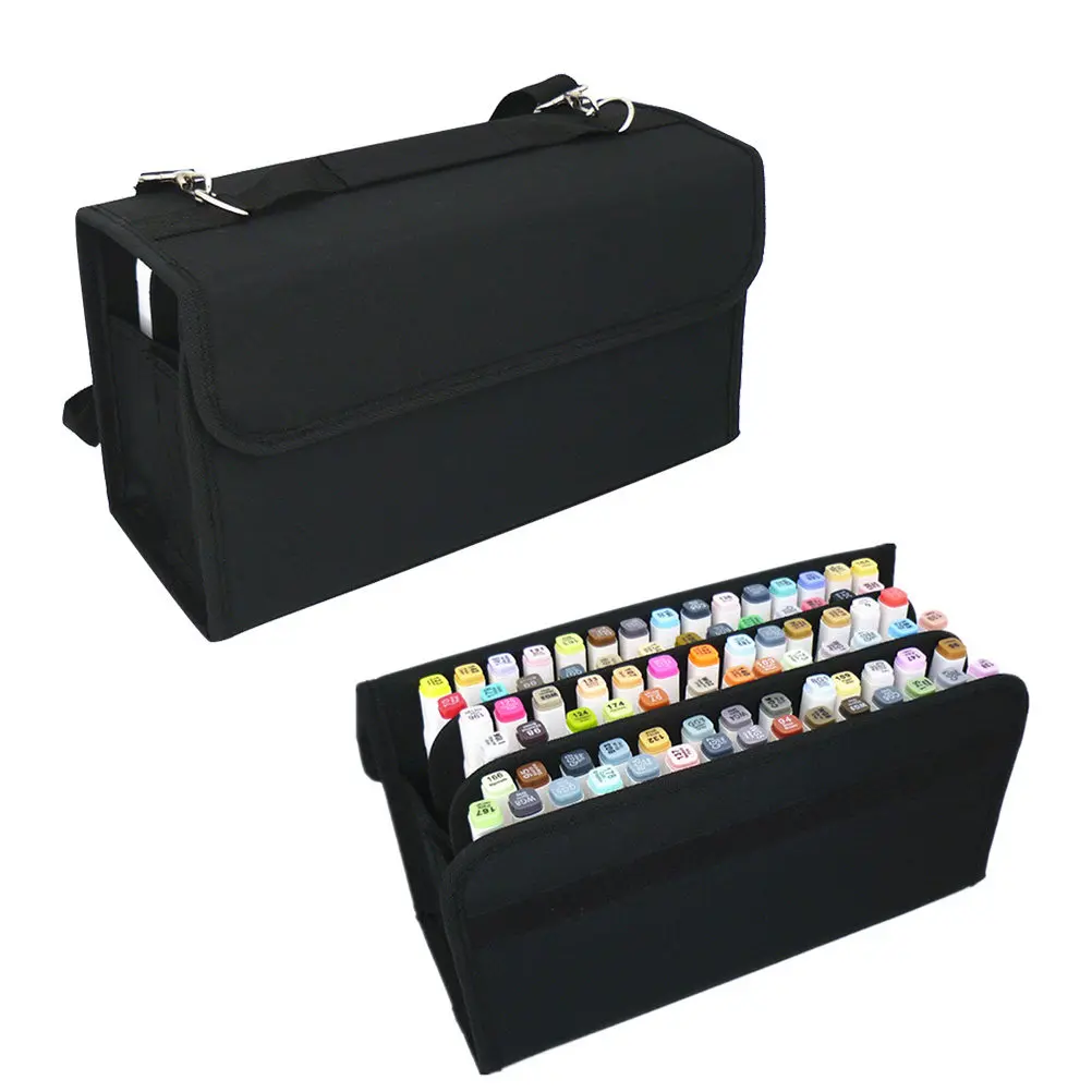 80 Slots Marker Storage Bag Heavy Duty Nylon Shoulder Strap Detachable Elastic Sleeve for Table Easel Countertop Marker Pens