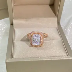 NEW Delicate Princess Baguette Full Diamond Couple Ring in Rose Gold Gold For Women Geometric Crystal Valentine's Day Jewelry