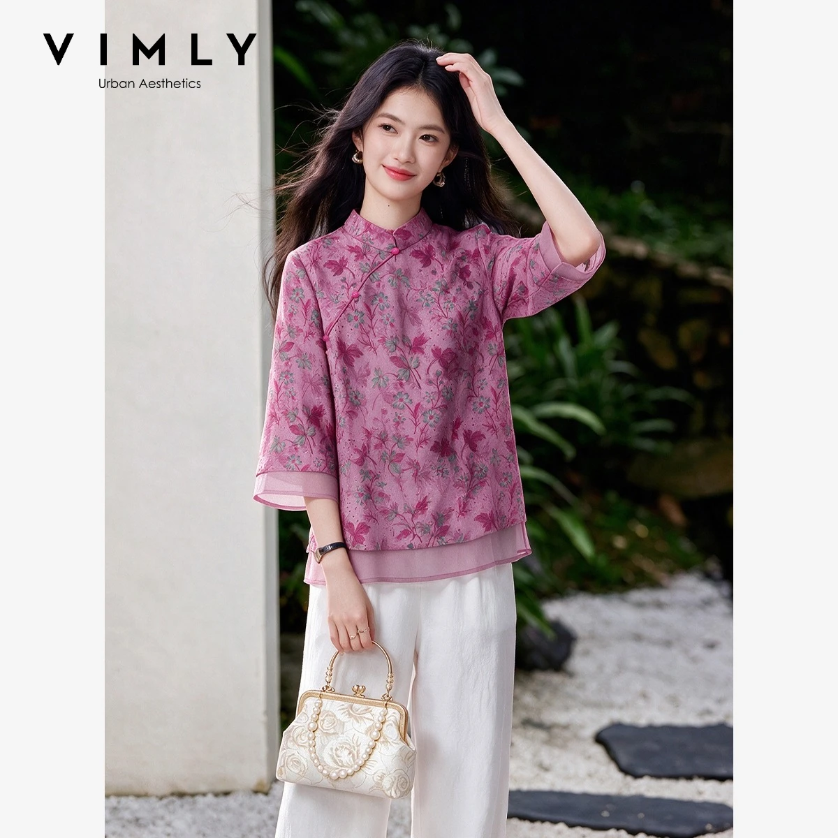 VIMLY New Chinese Style Blouse 2026 Fall Embroidered Chiffon 3/4 Sleeve Stand Collar Blouses Women Elegant Fashion Tops A7200