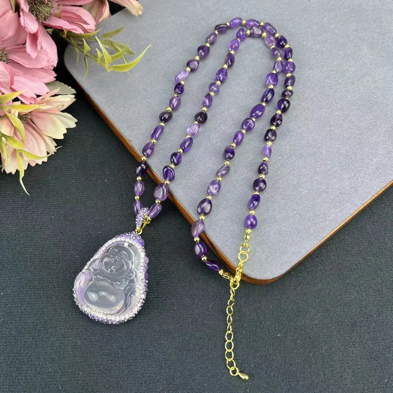 

DIY accessories Live stream new product Ziqi Donglai Maitreya Buddha sweater chain natural amethyst full of diamonds handmade de