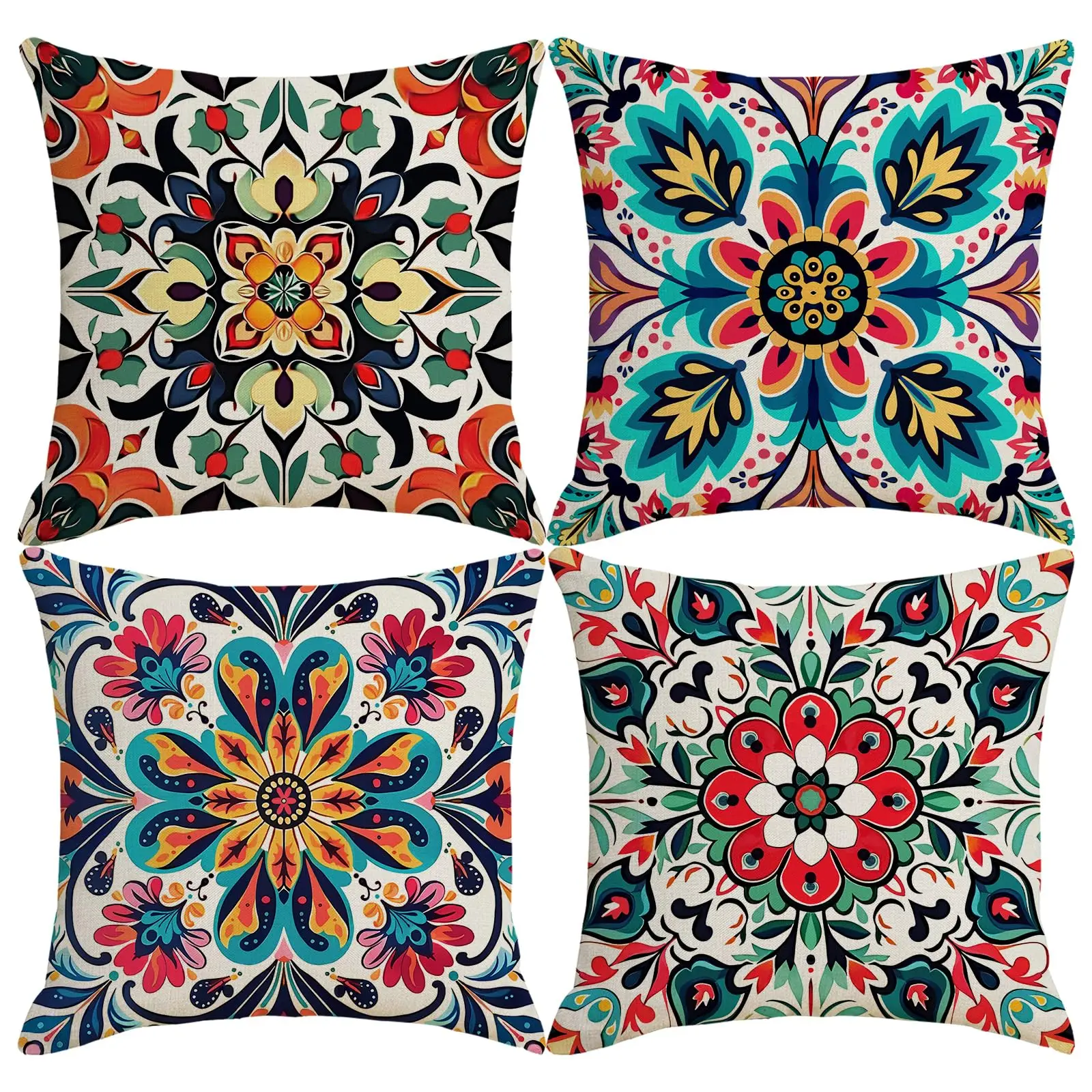 

Mexican Throw Pillow Covers Set of 4 Ethnic Floral Pillow Cases Teal Blue Flower Decorative Cushion Covers for Sofa Couch