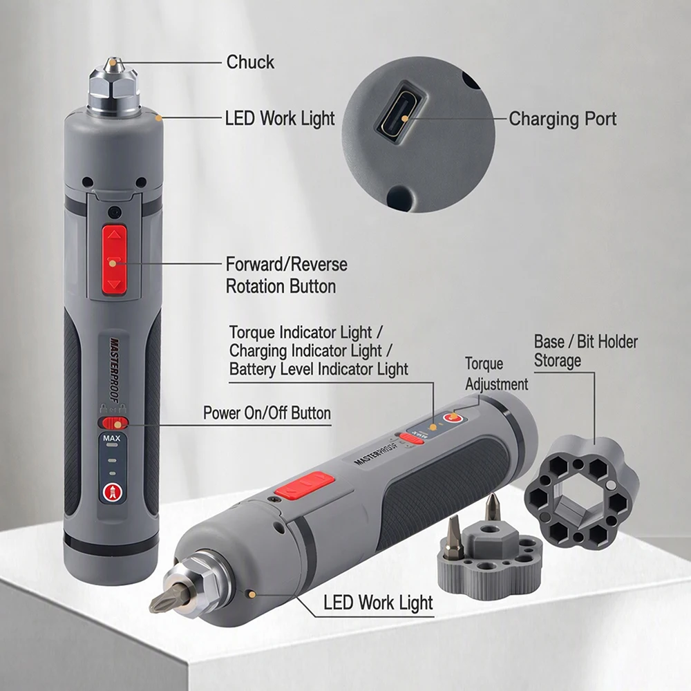 Cordless Electric Screwdriver with 3-Jaw Clamping Chuck 3 Torque Levels Dual LED Light Manual 10Nm Max Torque Type-C Charging