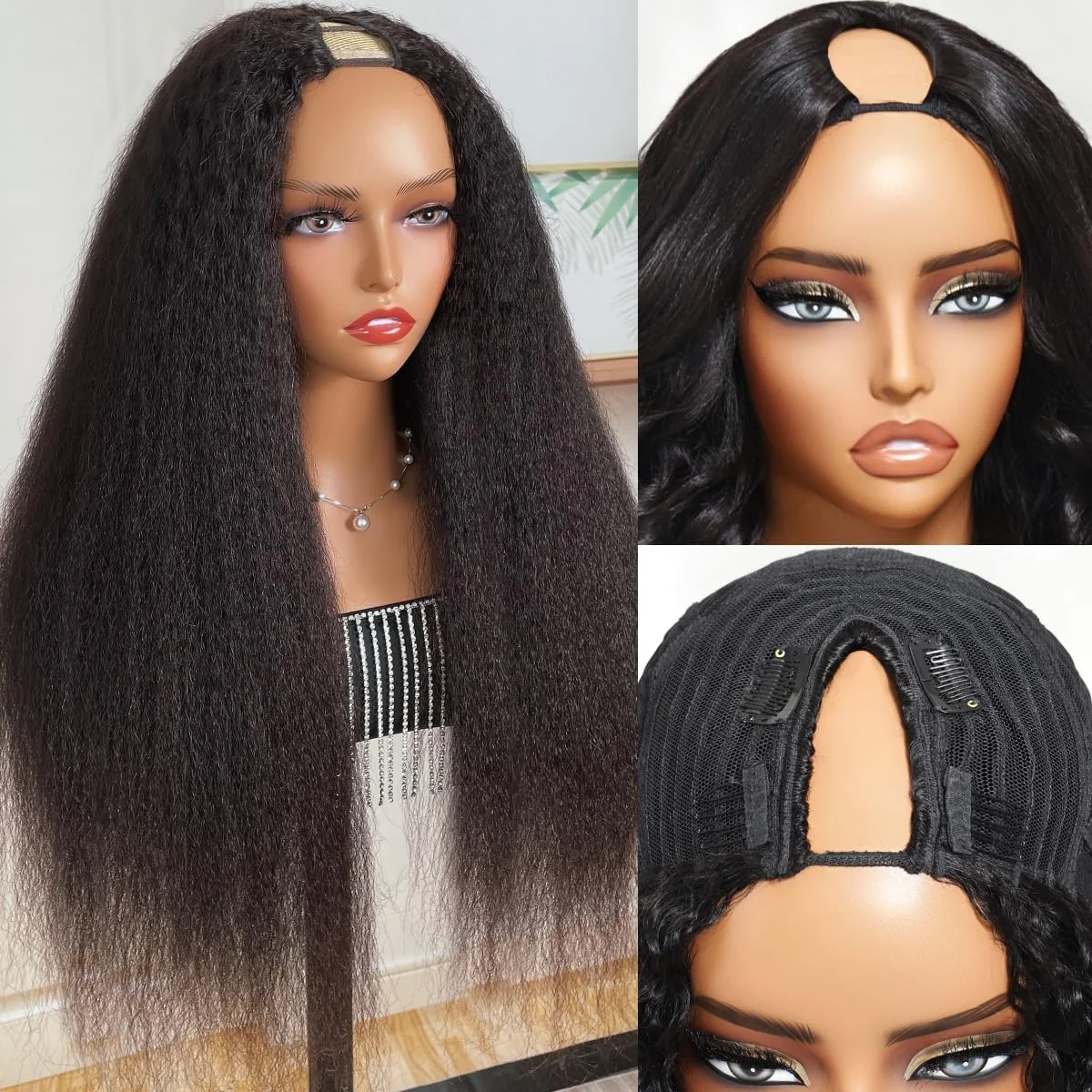 V Part Kinky Straight Wig Human Hair with Drawstring 200% Density Glueless U Part Upgraded Natural Unprocessed Human Hair Wigs for Women No Sew in V Shape Clip In Half Wig Human Hair